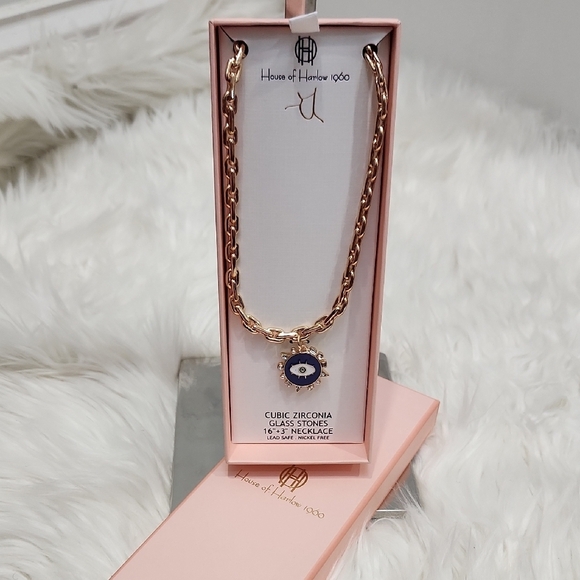 🔹House of Harlow 🔹1960 Gold Necklace with Blue Evil Eye  Pendant - Picture 3 of 7